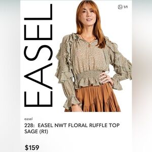 Easel Sage Floral Ruffle Top, NWOT